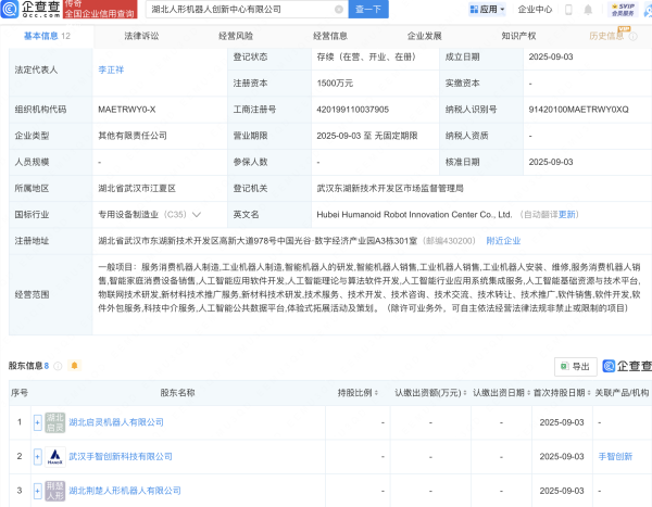 荣利通 湖北人形机器人创新中心公司成立，含多项AI业务